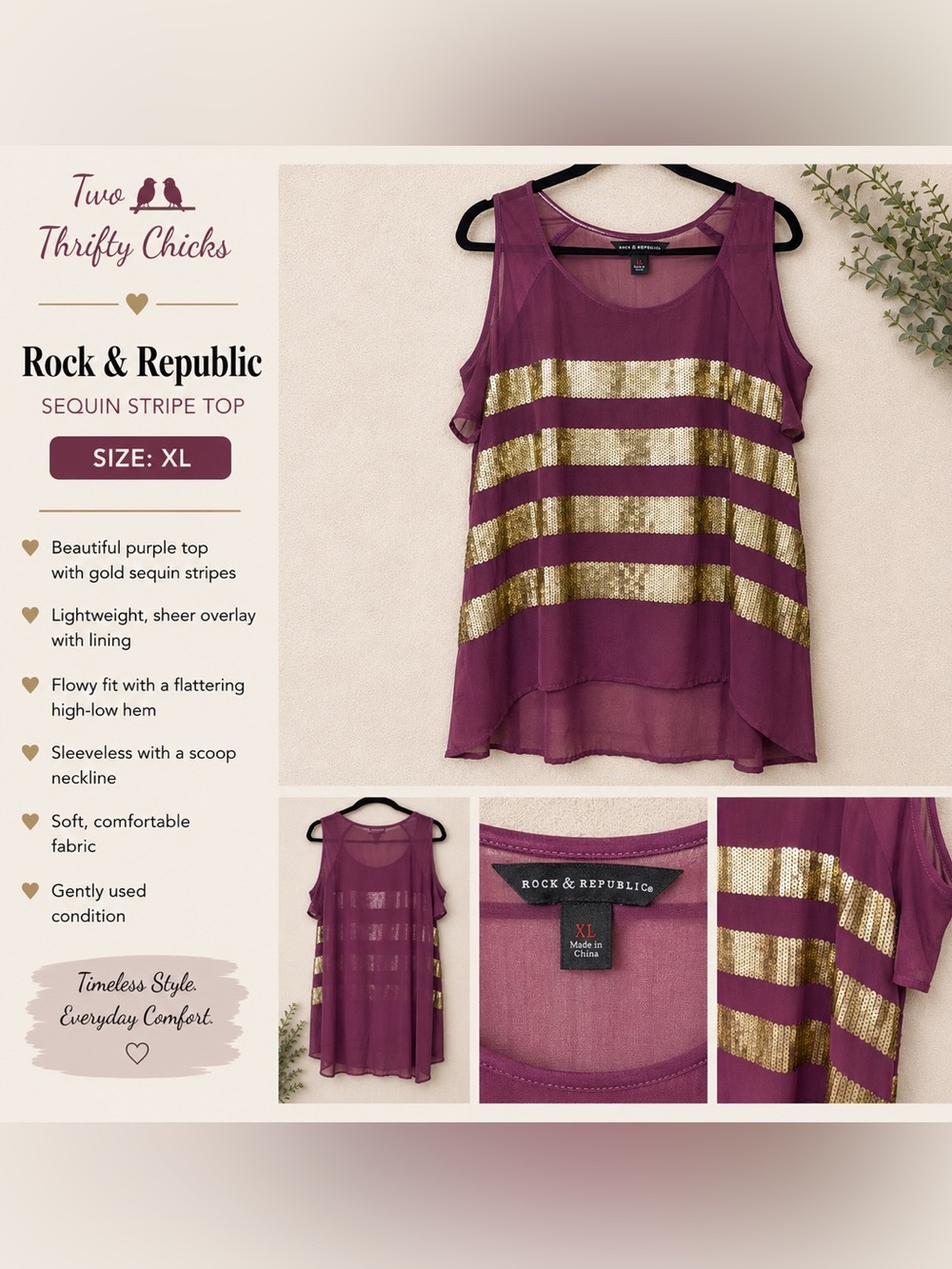 Rock & Republic Plum Sequin Stripe Top | Size XL | GUC